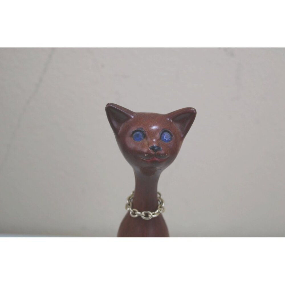 MCM Cat Figurine Elegonated Skinny Slim Faux Wood Blue Rhinestone Eyes 92165 - Picture 2 of 10